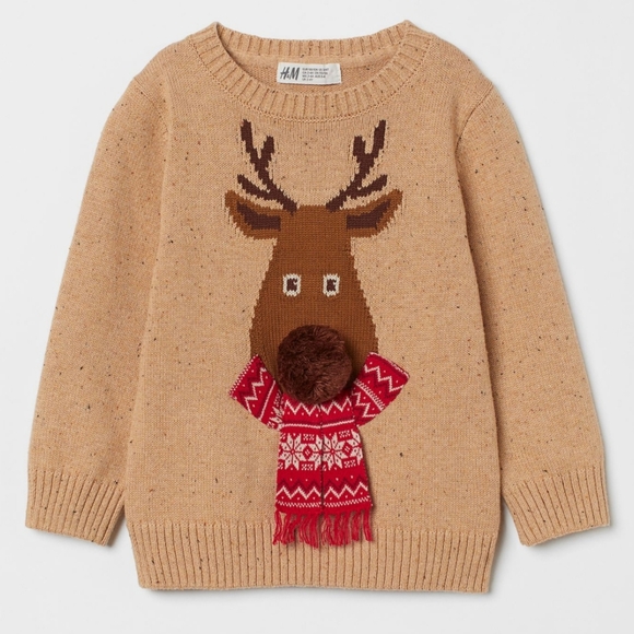 H&M Girls Unisex Reindeer 3D Red Scarf Puff Nose Brown Sweatshirt Size 6x/7 - Picture 1 of 10